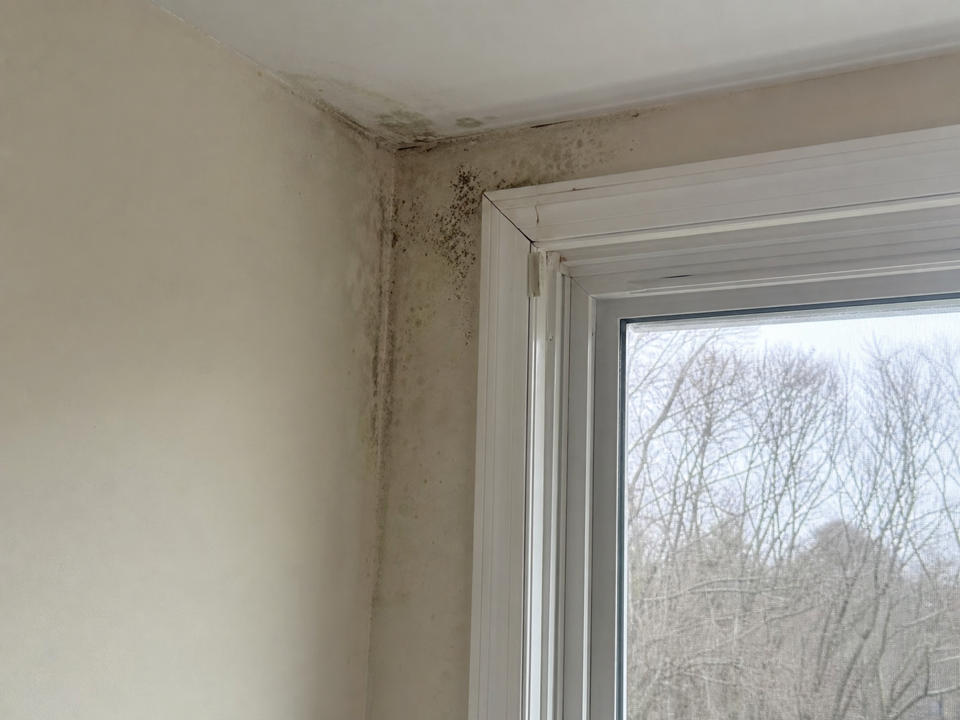 Moisture staining and dark spotting around a bedroom window photographed during a mold inspection